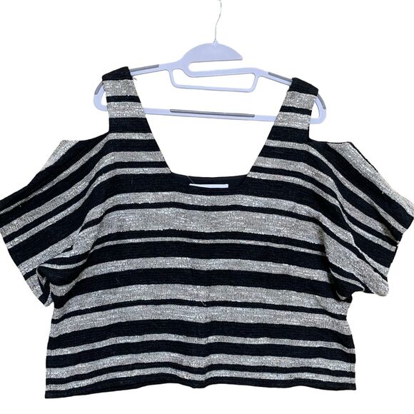 MORGAN CARPER Anthropologie Boucle Knit Stripe Open Cold Shoulder Top - Picture 3 of 12